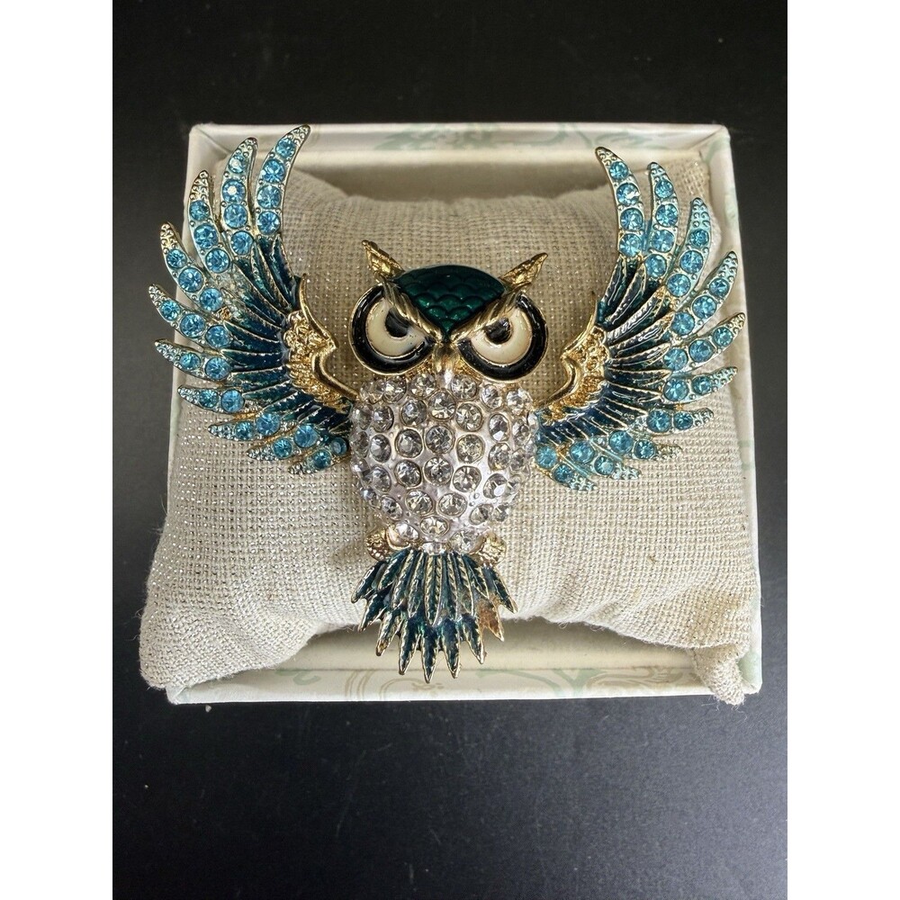 Betsey Johnson "Wise Wings" Owl Paved Blue Multicolor Rhinestones Enamel Pendant